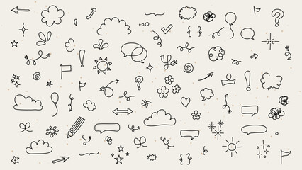 Fototapeta na wymiar Cute simple hand drawn elements set. Pen line doodles heart, arrows, scribble, cloud, speech bubble, star, shapes. Good for print, cartoon, card, decoration, sticker.