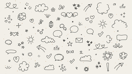 Cute simple hand drawn elements set. Pen line doodles heart, arrows, scribble, cloud, speech bubble, star, shapes. Good for print, cartoon, card, decoration, sticker.