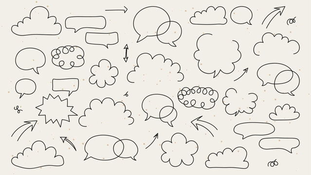 Cute simple hand drawn elements set. Pen line doodles arrows, scribble, cloud, speech bubble. Good for print, cartoon, card, decoration, sticker.