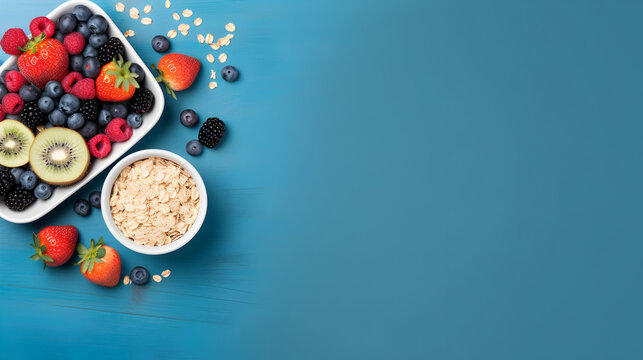 Top view of a healthy breakfast spread on a vibrant blue background. Plenty of space for text or design, ideal for promoting nutritious morning meals or for recipe ideas