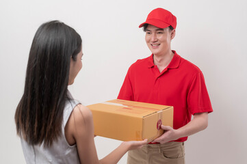 Asian man delivery sending cardboard box to woman over white background
