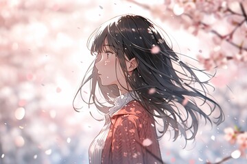 桜吹雪と若い女性のイラスト