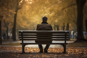 A person sitting on a park bench, back view of a man, man sitting on bench, loneliness 