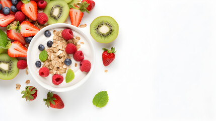 Top view of a healthy breakfast spread on a vibrant white background. Plenty of space for text or design, ideal for promoting nutritious morning meals or for recipe ideas