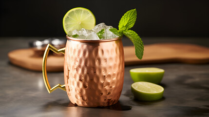 A refreshing Moscow Mule cocktail sits elegantly on a sleek marble table, complemented with a fresh garnish. The composition captures the drink's vibrant allure, perfect for showcasing classic beverag