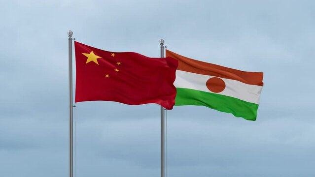 Niger flag and China flag waving together on cloudy sky, endless seamless loop, two country relations concept