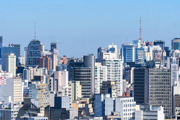 Aerial view of new and old buildings of Sao Paulo city at the historic center region. Downtown of Sao Paulo - SP, Brazil. 