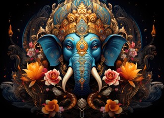 A blue elephant with a crown on its head surrounded by flowers. AI image. - obrazy, fototapety, plakaty