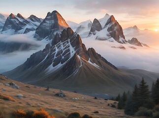 Tre the beauty of a rugged mountain range at dawn, with misty valleys and the first light breaking over the peaks. Generate by AI - obrazy, fototapety, plakaty