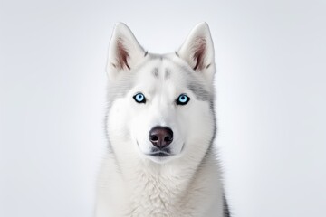 White siberian husky dog with blue eyes on white background. Generative AI - Powered by Adobe