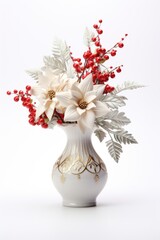 A white vase with red berries and white flowers. AI image on white background. Winter flowers.
