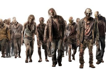 Zombie apocalypse. crowd of zombies with ripped clothes isolated on transparent background, Halloween undead 