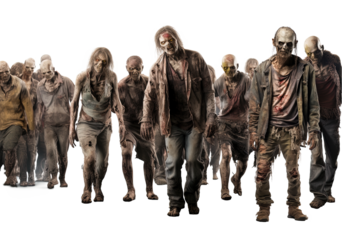 Zombie apocalypse. crowd of zombies with ripped clothes isolated on transparent background, Halloween undead 