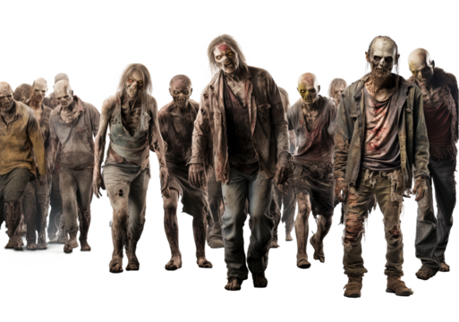 Zombie apocalypse. crowd of zombies with ripped clothes isolated on transparent background, Halloween undead 