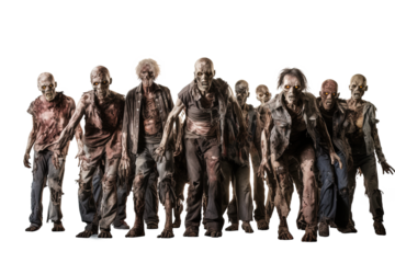 Zombie apocalypse. crowd of zombies with ripped clothes isolated on transparent background, Halloween undead 