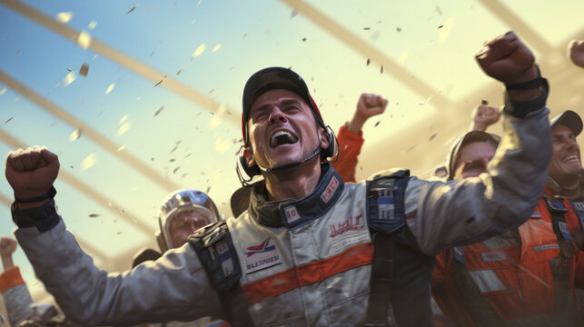 Motorsports championship. Cheering team celebrates winning tournament.