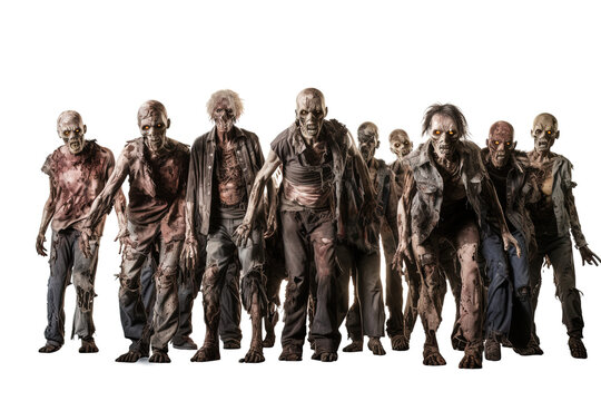 Zombie apocalypse. crowd of zombies with ripped clothes isolated on transparent background, Halloween undead 