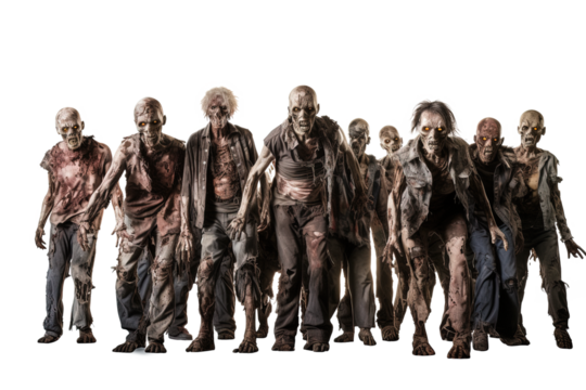 Zombie apocalypse. crowd of zombies with ripped clothes isolated on transparent background, Halloween undead 