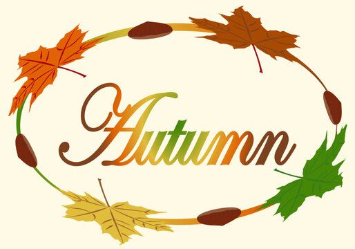 Marco elíptico otoñal con hojas de arce y castañas y palabra otoño