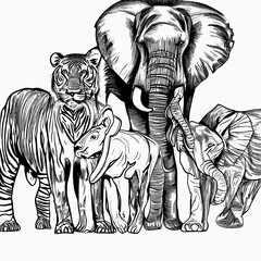 animales de Africa dibujo en blanco y negro - obrazy, fototapety, plakaty