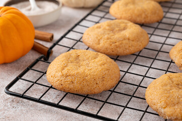 Pumpkin cinnamon cookies with cream cheese filling. Pumpkin snickerdoodle cookies. Food for Thanksgiving or Halloween.