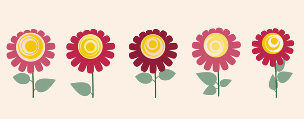 Set of five cartoon red flowers with leaves. Vector illustration in minimalistic style for postcard, banner, children's accessories design