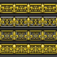 Vector Fleur de Lis Ornament, seamless borders with illustration of silver and yellow fleur de lis patterns, horizontal repeating border with ornate geometric ornament on dark background for divider © mihmihmal
