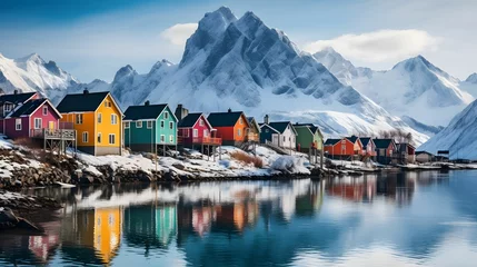 Fotobehang Colorful house, Beautiful lake, and mountain views. Reflected in the water of lake.  with snow mountain as background, Generative Ai © Rabbit_1990