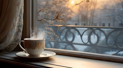 cup of coffee on the table in the morning on a winter day. copy space.