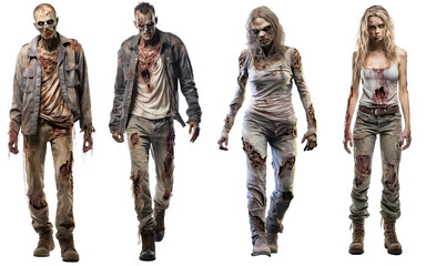 collection of zombies full body, ripped clothes front view isolated on transparent background