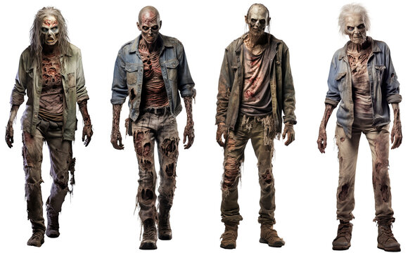 collection of zombies full body, ripped clothes front view isolated on transparent background