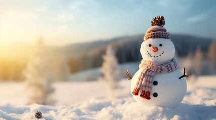 Obraz premium Snowman on winter landscape background. Merry Christmas and Happy New Year greeting card with copy-space.