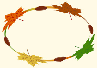 Marco elíptico otoñal con hojas de arce y castañas
