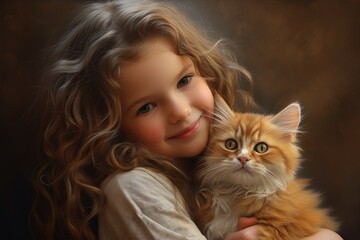 A little girl holding a cat in her arms. AI image.