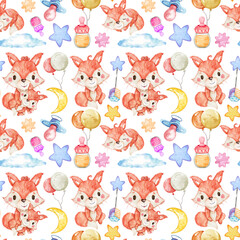 Woodland Watercolor seamless pattern, Woodland Nursery Decor, Cute Woodland Animals illustration, Watercolor illustration, Clipart For Kids.	