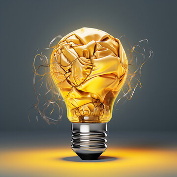 This intriguing image captures the essence of inventive thinking and creative innovation. A crumpled yellow paper ball becomes the canvas for a virtual lightbulb.