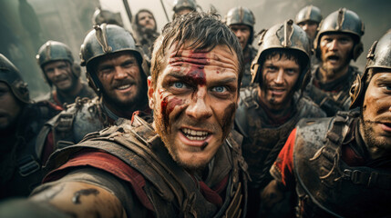 Selfie of Roman soldiers after victory in a bloody battle against enemies Generative AI Illustration