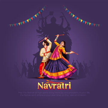 Garba Night poster for Navratri Dussehra festival of India. vector illustration design of peoples playing Dandiya dance.