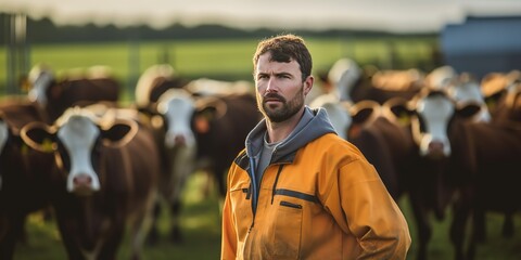 A farmer man in a field with cows - obrazy, fototapety, plakaty