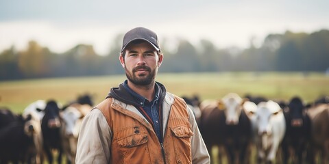 A farmer man in a field with cows - obrazy, fototapety, plakaty