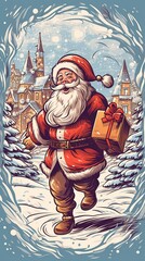 Fototapeta na wymiar Santa Claus with a huge bag on the run to delivery christmas gifts at snow fall