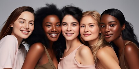 Girls in the studio on a beige background to promote skin care products