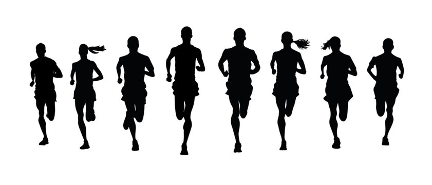 Running men and women, vector set of isolated silhouettes