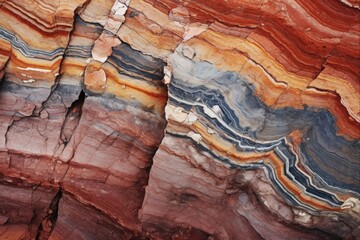Close-Up of Fractured Red and Brown Rock Strata with Deformed Sedimentary Layers - Fault Lines and Colorful Layers in Sandstone - Powered by Adobe