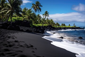 Explore the Exotic Beauty of Punaluu Black Sand Beach in Hawaii - A Colorful Cove with a Majestic Black Beach and Cloudy Coast for Hiking