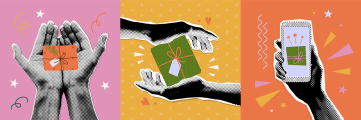 Set of greeting cards in flat retro style with mixed media halftone stickers. Collage cutout paper hands holding decorated gift boxes and phone with online gift. Vector eps10 illustration.