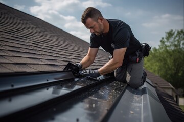 Installer Adjusting Gutter Guard on Rooftop Site with Professional Roofing Contractor - obrazy, fototapety, plakaty