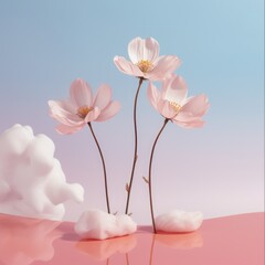 Love in an Artificial Universe. Surreal Scene of Fake Flowers on Two-Tone Pastel Background. Romantic Minimal Concept for Valentine's Day