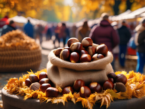 Autumn Delights: Fresh Chestnuts in a Rustic Market Setting