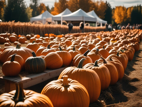 A Festive Pumpkin Patch with Corn and Tents